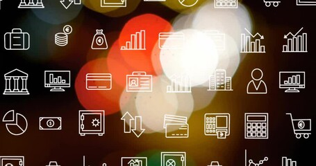 Poster - Financial and business icons animation over blurred colorful lights background