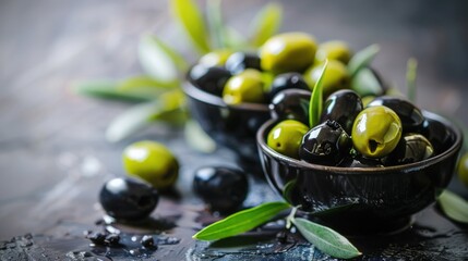 Wall Mural - Black and Green Olives in Painted Wooden Bowls on Background