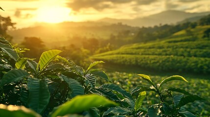 Wall Mural - Panoramic of coffee plantation in the early evening : Generative AI