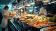 © Generative AI - Buffet at hotel restaurant interior blur background with blurry open kitchen counter bar of food catering service business with chef staff cooking for breakfast lunch or dinner meal : Generative AI