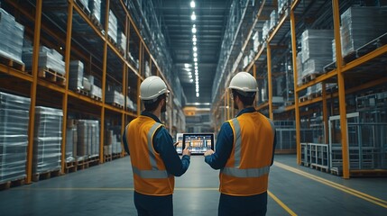 Poster - Industry 40 Modern Factory Two Engineers in Empty Warehouse Use Digital Tablet Computer with Augmented Reality Software For a Room Mapping Doing 3D Factory Floor Layout High Angle Shot : Generative AI