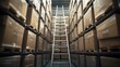 © Generative AI - Boxes ladder and shelves with inventory at warehouse for distribution supply chain or logistics Empty room or interior of packages cargo or shipment in factory or storage for export or : Generative AI