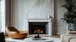 © Generative AI - modern living room in a historical style with a marble fireplace in a chic expensive bright interior of a huge apartment without people daytime : Generative AI