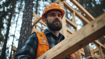 Poster - Carpenter constructing wooden frame house near the forest Bearded man hammering nails into structure while wearing protective helmet and construction vest Concept of modern ecological  : Generative AI