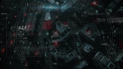 Poster - system hacked text animation over aerial view of city with digital codes