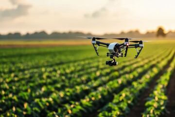 Wall Mural - Precision agriculture with drones scanning crops for health. Fields of varying crop types in the background, Generative AI