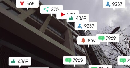 Wall Mural - Social media notifications animation over modern apartment buildings