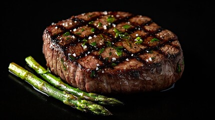 Poster - Grilled Fillet Mignon Steak with roasted asparagus Black background Top view Copy space : Generative AI