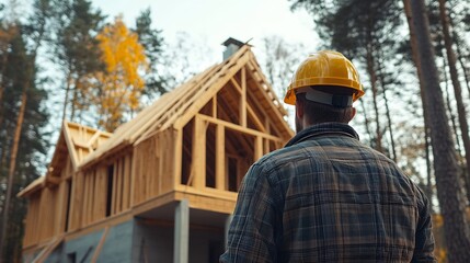Poster - Worker building wooden twostory house near the forest Man in work clothes and hard hat reviewing the construction plan The aim is to implement modern environmentallyfriendly constructi : Generative AI