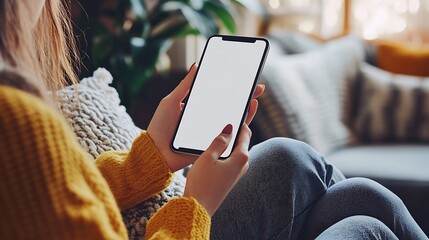 Poster - Mockup image of a woman holding and using mobile phone with blank desktop white screen at home : Generative AI