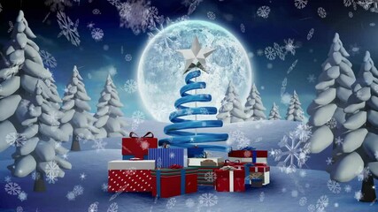 Sticker - Christmas tree and presents with snowflakes animation over snowy landscape with full moon