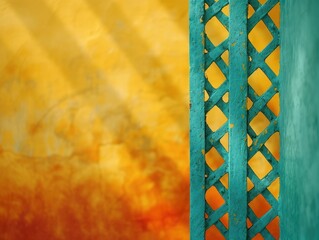 Poster - A vibrant teal wooden lattice contrasts against a warm yellow background, blending rustic textures with colourful, artistic design.