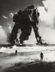 A giant robotic structure looms over a beach, with two figures observing the scene.