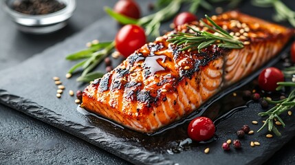 Poster - Delicious red salmon fish grilled with sauce and sesame seeds with rice vegetables spices and herbs on a dark concrete background : Generative AI