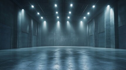 Poster - empty interior of large concrete room as warehouse or hangar with spotlights : Generative AI