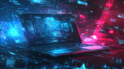 Wall Mural - Futuristic illustration about computer technology with a laptop in neon colors. For cover backgrounds, wallpapers and other modern projects.