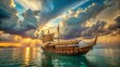 © kittipon - ancient trireme warship with intricate meander pattern on sails navigating through turquoise Mediterranean waters with warm golden light and dramatic clouds