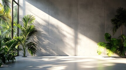 Wall Mural - Blank concrete wall in modern empty room with tropical plant garden Luxury house interior with green palm trees Minimal architecture design : Generative AI