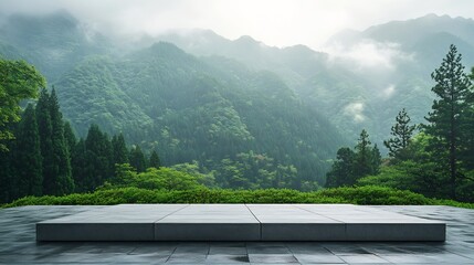 Poster - Empty square platform and green mountain with forest landscape in Hangzhou China : Generative AI
