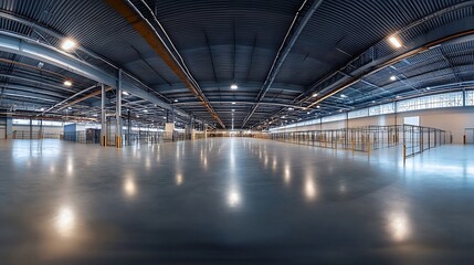 Wall Mural - Panorama of empty room of modern storehouse with gates and selfleveling floor : Generative AI