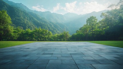 Aufkleber - empty square floor and green mountain nature landscape in the park : Generative AI