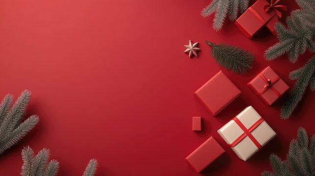 A minimalist Christmas background featuring red tones, simple pine trees, and neatly wrapped gifts, creating a festive yet modern feel.
