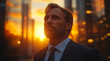 serious pensive director of prosperous company against background of cityscape at sunset.  businessman walking on city street at sunset