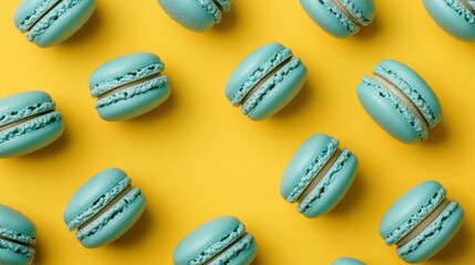 French sweet blue macaroons on color background,French macaron cookies baked pattern,french macaroons,Paris Pastry,bakery and branding concept,Delicious french desserts,copy space.