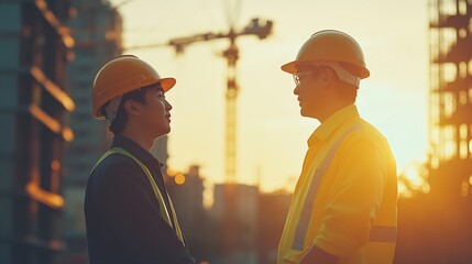Poster - civil engineer and worker discussing issues at the construction site in the morning : Generative AI