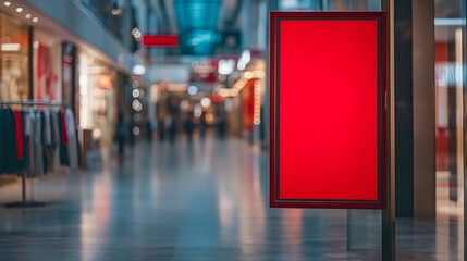 Poster - red blank sign inside shopping mall mock up advertise display frame setting over the clothes line in the shopping department store for shopping business fashion and advertisement conce : Generative AI