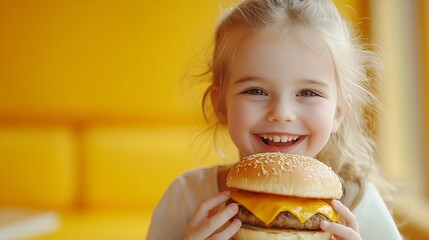 Cute little caucasian girl with blonde hair enjoying burger on a yellow background Happy kid smiling and eating fast food burger : Generative AI