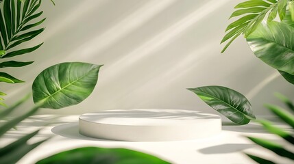 Fototapete - Creative concept of minimalism with leaf and plaster podium Blank space on white podiums for presentation product and green leaves on a white background Summer theme Scene for advertis : Generative AI