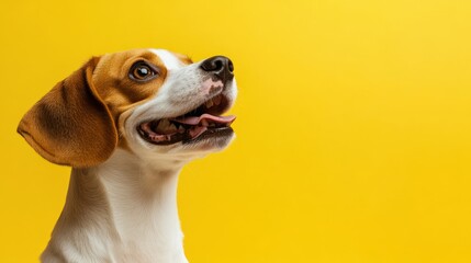 Happy Beagle with a gleaming eye and joyful expression, close-up portrait on a yellow background with copy space