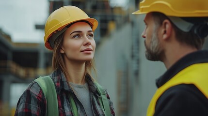 Aufkleber - Caucasian engineer in hardhats discussing on construction site Engineer and female foreman worker team checking project at precast concrete factory site : Generative AI