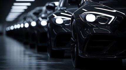Poster - Black sedan luxury cars standing in a row Fleet of generic modern cars Transportation Luxury car fleet consisting of generic brandless design isolated on dark night background : Generative AI