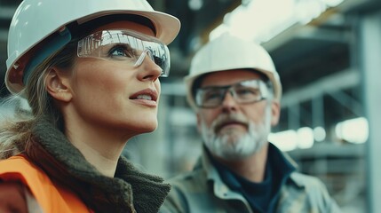 Aufkleber - Senior engineer and female foreman team checking project at precast concrete factory site Caucasian engineer and worker in hardhats discussing on construction site : Generative AI