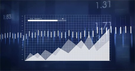 Poster - Graph with fluctuating data and sound wave animation over blue grid background