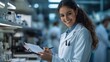 © Generative AI - A woman in a white lab coat is writing on a clipboard She is smiling and she is happy : Generative AI