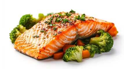 Aufkleber - Baked salmon fillet with broccoli and vegetables mix isolated on white background : Generative AI