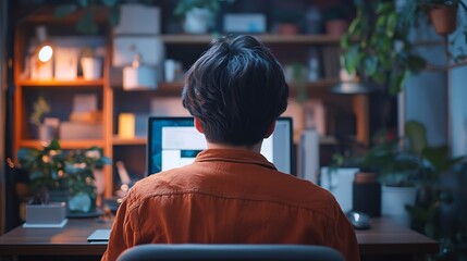Poster - Rear view of young man sitting at his workspace and using smartphone Blank screen for graphics display montage : Generative AI