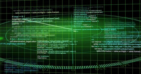 Poster - Computer code and data processing animation over green grid background