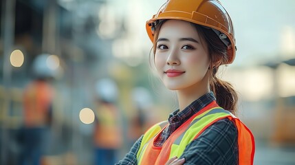 Aufkleber - Portrait of happy beautiful woman engineer worker with safety vest and helmet stands with arms crossed at construction building site with coworker team blurred background Female constr : Generative AI