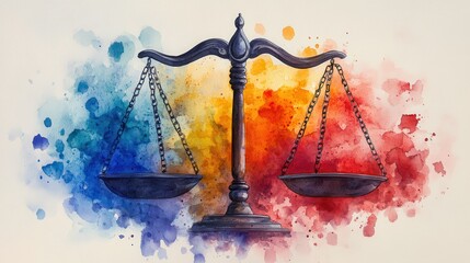 Wall Mural - A balanced scale symbolizes justice, surrounded by vibrant watercolor splashes in blue and red, conveying sense of harmony and fairness.