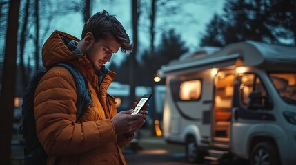 CU Caucasian male using his phone near the RV in the evening Travel planner budget booking application blank screen smartphone mockup : Generative AI