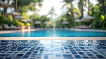 Aufkleber - Empty white ceramic mosaic table  top and blurred swimming pool in tropical resort in summer banner background  can used for display or montage your products : Generative AI