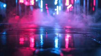 Poster - Empty background scene Dark street reflection on wet asphalt Rays of neon colorful light in the dark neon figures smoke Background of empty stage show Abstract dark and neon light back : Generative AI