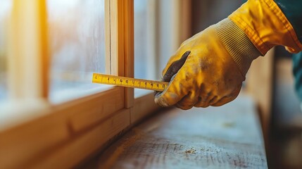 Poster - Technician worker in uniform using measuring tape tool to measuring wood window in the home construction site repair and fix for problem in the house : Generative AI