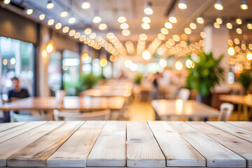 Empty White wooden table and blurred Cafe or restaurant bokeh light