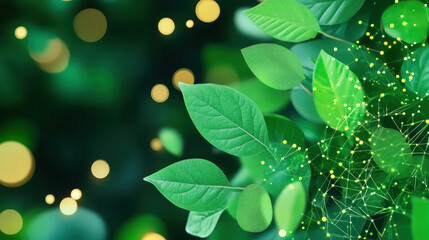 Poster - Close-up of vibrant green leaves with glowing bokeh lights and a network design, symbolizing nature and technology