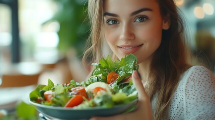 Young woman eating healthy salad at restuarant Healthy lifestyle diet concept : Generative AI